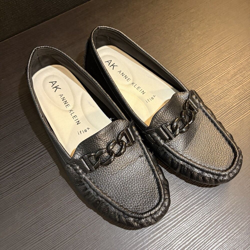 AK Anne Klein iFlex Women's Black Leather Chain Loafer Flats Slip-On 8 M